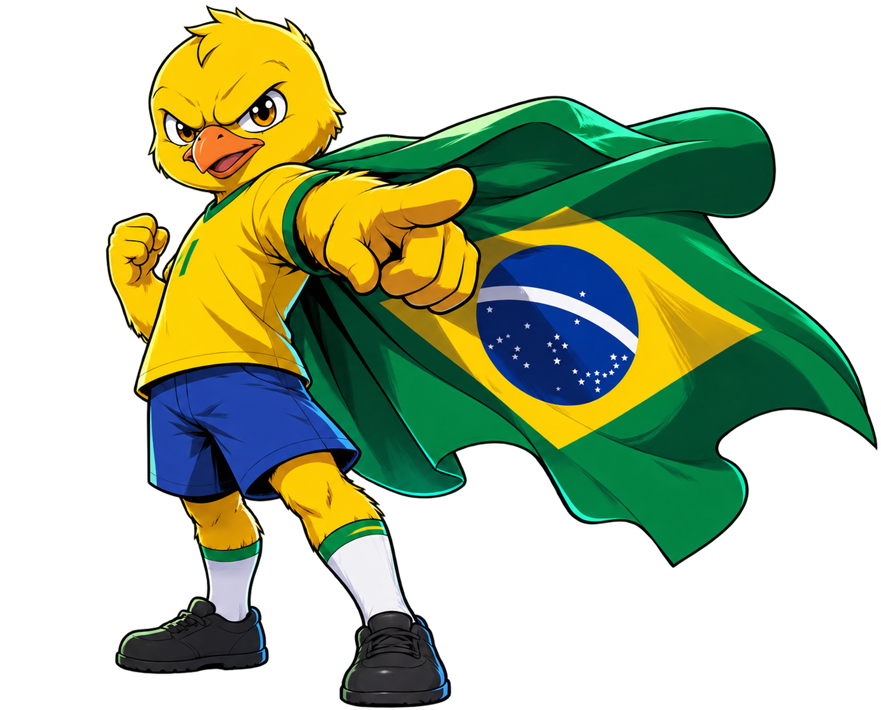 Suipi mascot wearing a Brazilian flag cape